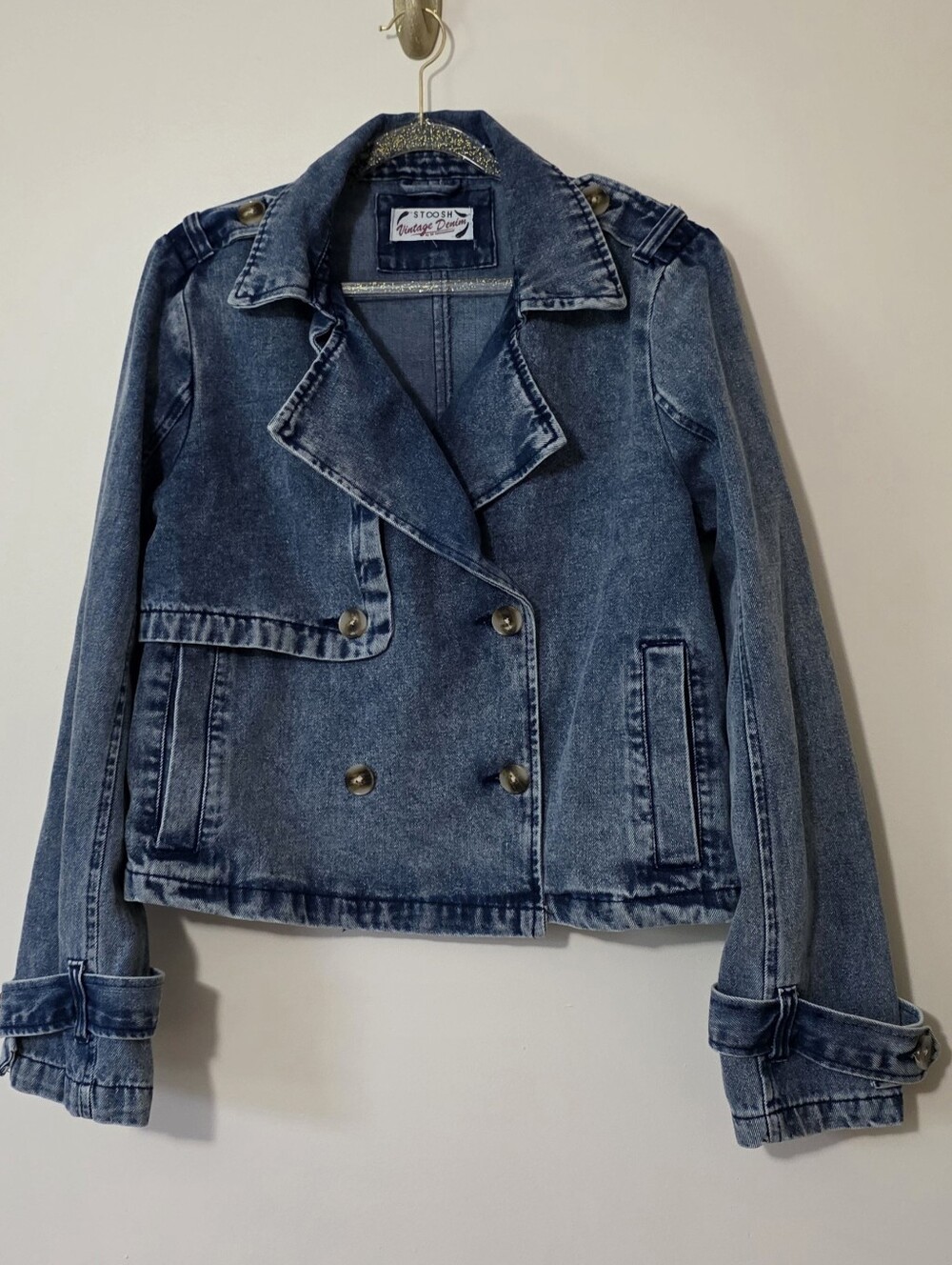 Stoosh Vintage Denim Double Breasted Cropped Denim Jacket Y2K Streetwear Small